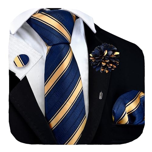 Image of GUSLESON 3.15 inch（8cm） Mens Stripe Tie and Lapel Pin Necktie Hankerchief Cufflinks Set for Men