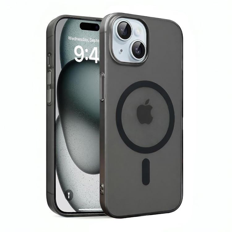 Image of DIZORO Matte Case for iPhone 15 Compatible with MagSafe, Camera Lens Full Protection, Shockproof Translucent Frosted TPU Soft Phone Cover, Anti-Fingerprint (Black)