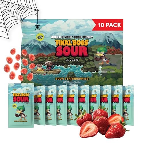 Final Boss Halloween Sour Candy, Sour Strawberries, 10 Pack, Level 2, Fruit Chews with Real Dried Fruit, No Artificial Colors or Flavors, Low Calorie Snack for Kids, Teens, Adults, Lunch Boxes