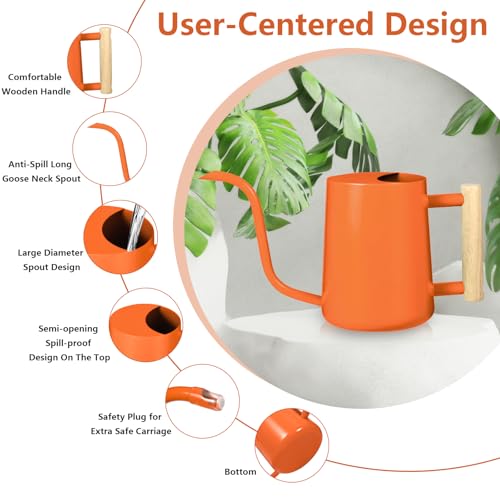 Image of Watering Can Indoor Plants, 35oz Small Stainless Steel Metal Watering Can Modern Decorative Watering Pot with Long Spout for Indoor House Plant Bonsai Garden Flowers (Orange)