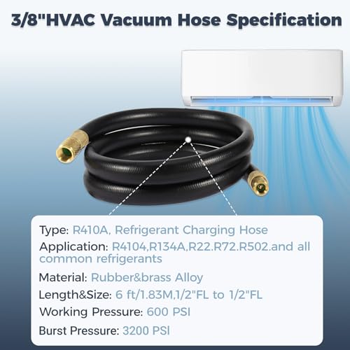 Image of 3 /8 Inch HVAC Vacuum Hose,3 /8 inch to 3 /8 inch FL, 6FT, High-Flow Refrigerant Hose, 640 PSI Working, 3200 PSI Burst, 4-Layer Low Permeation Construction - Fits R410A R134A R22 R404A Systems