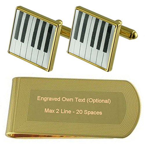 Gemelos de teclas de piano y clip de billetes tono oro con set de regalo grabado