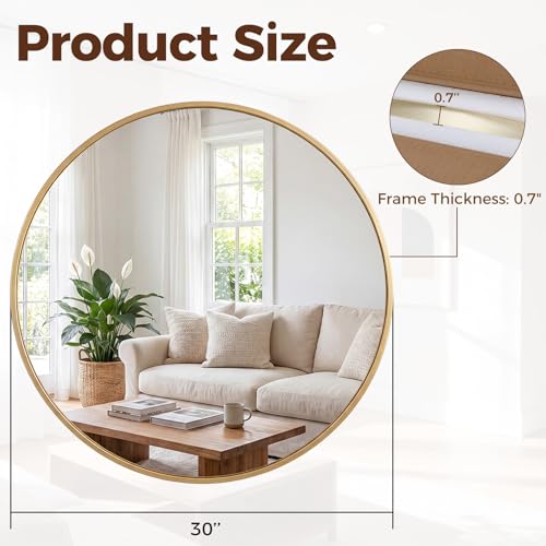 Image of NEWBULIG 30 Inch Round Wall Mirror, Bathroom Mirrors for Over Sink, Matte Metal Framed Circle Vanity Mirror, Wall Decor for Bedroom, Anti-Rust, Tempered Glass, Hanging or Leaning, Classic Gold