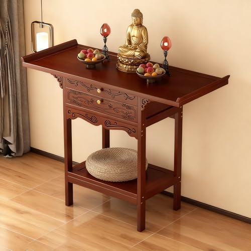 Bamboo Buddhist Altar Table with Door, Sturdy Pooja Cabinet for Incense and Prayer, Elegant Mandir for Bedroom & Living Room Decor