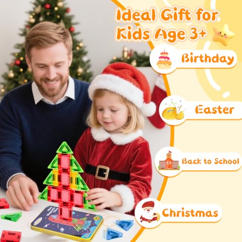 Image of Magnetic Tiles Magnetic Blocks Building Toy: Portable Mini Magnetic Tiles Travel Set 32 Pieces Montessori Toys Birthday Gift for Kids Girls and Boys Ages 3-12 Years Old Preschool Classroom Must Haves