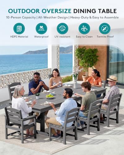 Image of SERWALL 9 Piece 84 inch HDPE Outdoor Dining Set with 6 Armless Chairs, 2 Armchairs and Umbrella Hole for 8, Gray