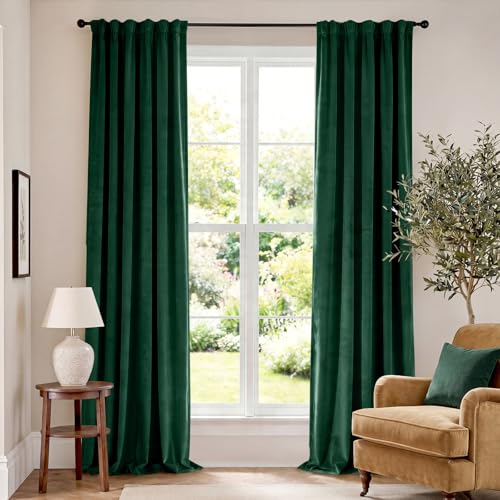Image of Extra Long Emerald Green Velvet Curtains 52x108 Inch 2 Panels | Soft Velvet, For Tall Windows & High Ceilings, Light Shifting Texture, Elegant Drape, Classic, Rod Pocket
