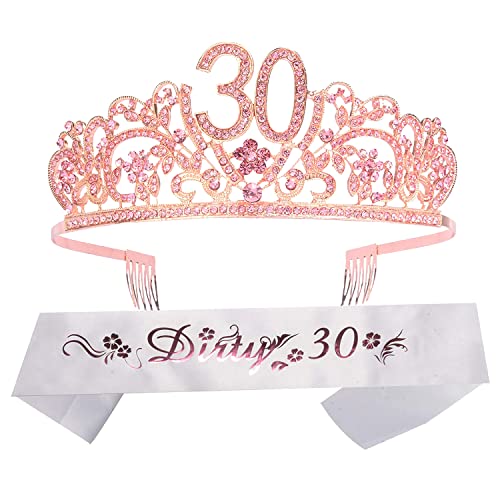 MEANT2TOBE 30th Birthday Sash and Tiara for Women - Fabulous Glitter Sash + Flowers Rhinestone Pink Premium Metal Tiara for Her, 30th Birthday Gifts for 30 Party
