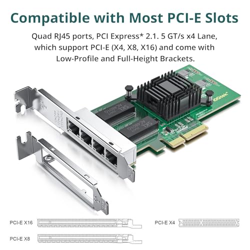 ipolex Intel I350-T4 Network Card, 4 Port NIC, Low Profile, Gigabit Ethernet Network Adapter Card with Intel I350-AM4 Controller, fit Windows/XP/Linux/VMware ESX/ESXi*, Quad RJ45 Ports, PCI-E 2.1 X4 - Thumbnail 3