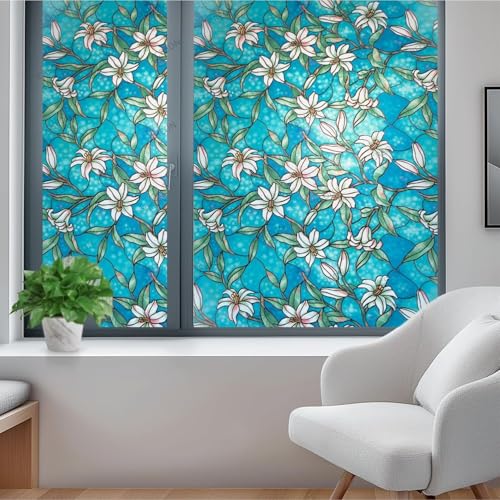 Image of CREON Blue Lily Orchid Flower Pattern (24 X 48 Inch) Decorative Window Privacy Film, Heat Control Sun Blocking Stained Glass Window for Bathroom Front Door