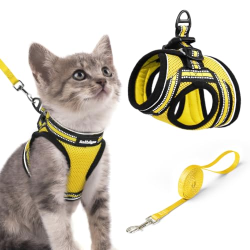 Image of rabbitgoo Cat Harness and Leash Set, Step-in Soft Vest, Bright Yellow | Escape Proof, Lightweight, Easy-on & Adjustable, Hook & Loop with Buckle, Reflective, for Kittens & Small Cats Walks, S