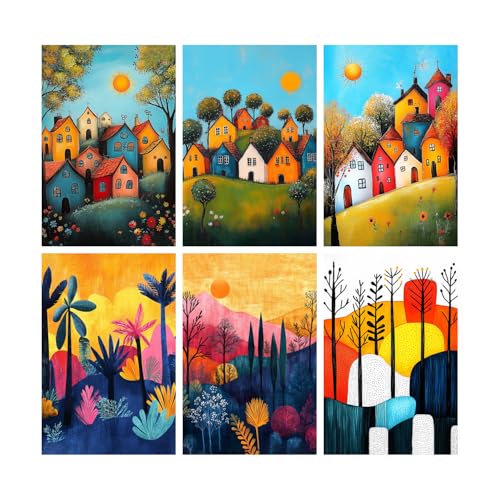 Image of SiddArtify Colorful Village Wall Art Prints Set - Whimsical Landscape Poster Decor for Living Room Bedroom Office - 8x12 Sticker Pack of 6