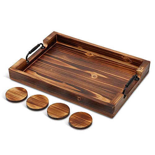 Black Friday Clearance Wood Serving Tray - 20 Inch - Farmhouse Decor - Coffee Table Organizer - Bathroom Vanity - Rustic Ottoman Tray - Thick Comfortable Handles - Breakfast/Coffee/Dinner - 4 Coasters (Brown)