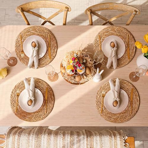 Image of 100 Pcs 12 Inch Cattail Round Woven Placemats Set, Cattail Placemats with Pearl Napkin Rings Boho Farmhouse Rustic Woven Chargers Natural Mat Bulk for Wedding Party, Dinner Table
