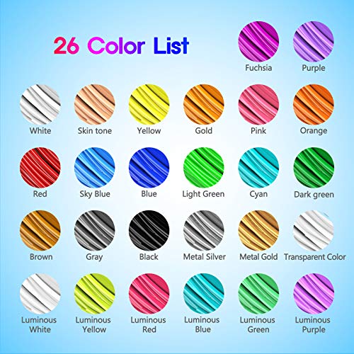 TECBOSS 3D Pen PLA Filament 1.75mm, 26 Colors 3D Printer Filament, Each Color 10 Feet, Including 6 Glow in The Dark 1 Transparent Color Refills, Bonus 250 Stencils e-Book, Filament for 3D Pen
