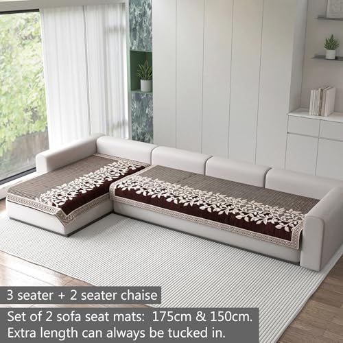 Image of Nendle Superior Velvet Floral Sofa Mat 5 Seater Set Durable Protector for Living Room Mat 3 Seater and 2 Seater, Suitable for L Shape, Sectional and U Shape Sofa (Brown, Pack of 2)
