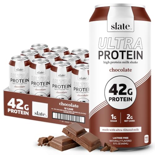 Slate Milk - Ultra Protein Shake - Chocolate - 42g Protein, 1g Sugar, 190 Calories, 2g Net Carbs - Lactose Free, No Added Sugar - Made with Ultra Filtered Milk - Breakfast Boost, Post Workout - 15 fl oz, 12 Cans