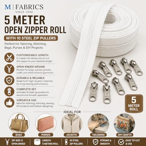 Image of M Fabrics 5 Meters Open Zipper with 10 Steel Zip Puller in Meter for Tailoring, Stitching, Bags and Purse (Open Ended Zips) - (5 Meter Roll + 10 Steel Zips Runner) - (White)