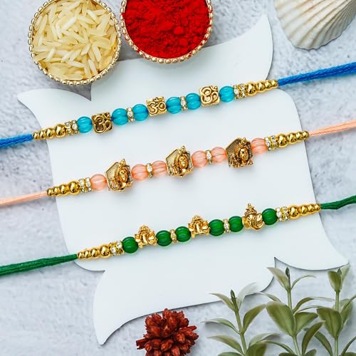 Image of eCraftIndia Set of 3 Om Ganesha Krishna Beads Designer Rakhis | Best Bro Ever Fridge Magnet | Roli Chawal Pack | Rakhi for Brother Bhaiya Bhai Bhabhi Kids