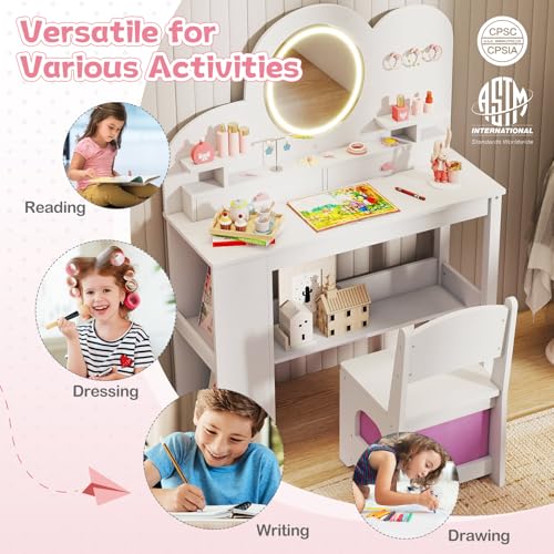 Image of HONEY JOY Kids Vanity with Lights and Open Bookshelf, Cloud Princess Makeup Dressing Desk, Drawers, Wooden Pretend Play Toddler Vanity Table & Chair Set with Lighted Mirror for Little Girls (White)