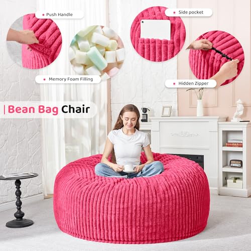 Image of HABUTWAY 3FT Bean Bag Chair, 3' Large Bean Bag Chairs for Adults with Stripe Plush Cover, Memory Foam Beanbag Chair for Living Room Bedroom Dorm,Pink
