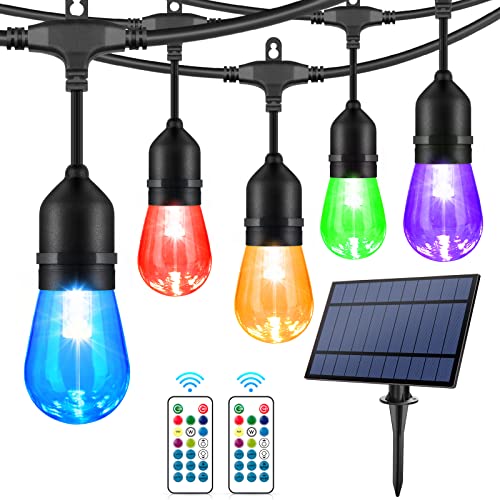 WENFENG 48FT Solar Outdoor RGB String Lights, 15+3 Waterproof Shatterproof LED Bulbs Dimmable Patio String Lights with Remote, Commercial Solar String Light for Patio Yard