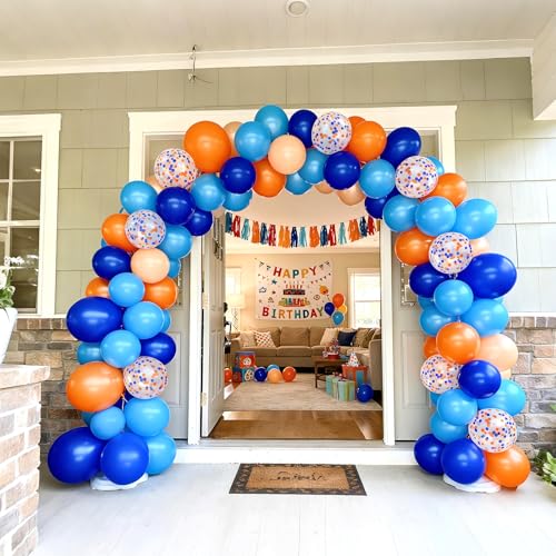 Image of Bezente Blue and Orange Party Latex Balloons Kit 60pcs 12-in with 1 ribbon | Light Royal Blue Nude Orange Confetti Helium Balloons for Kids Birthday Baby Boys Shower Anniversary Graduation Party Decor
