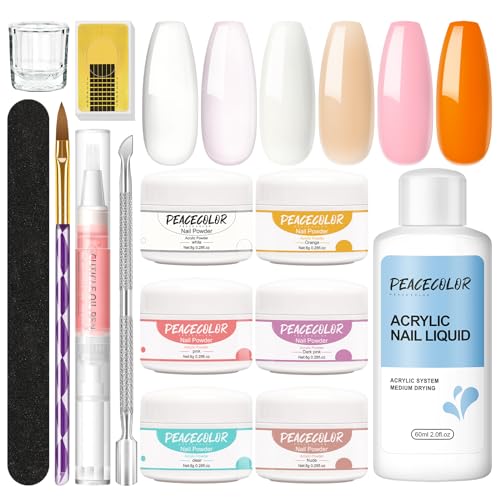 Peacecolor Kit Uñas Acrilicas Completo Juego De Uñas Acrílicas Profesional, 60ml Monómero Acrilico Nail Art Acrilico Uñas Extensión Kit Completo Principiantes, Rosa Blanco Transparente Naranja