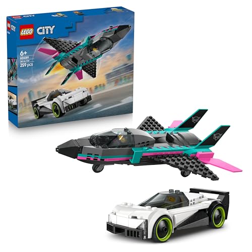 LEGO City Le Jet Contre la Voiture - Jeu de Construction avec Avion & Supercar - Minifigurines de Pilotes - Idée de Cadeau Original pour Garçon dès 6 Ans 60489