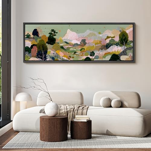 Image of MUDECOR Large Framed Canvas Print Wall Art Colorful Abstract Landscape with Trees Contemporary Antique Retro Ready to Hang Painting for Living Room Bedroom Multi-Sizes - 60 inchx20 inch