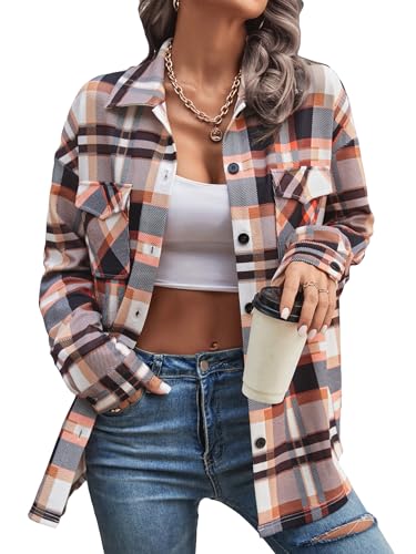 MakeMeChic Women's Casual Jacket Plaid Print Button Down Shirt Long Sleeve Pocket Outerwear Coat