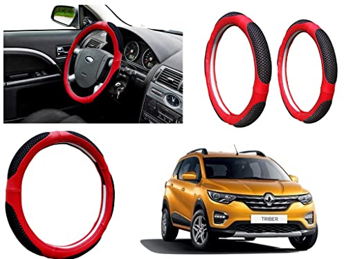 Image of Microfiber Car Steering Wheel Cover, Soft Padding Great Hand Feel, Anti-Slip, Faux Leather Steering Cover for Renault Triber | Black Red Jali - Pack of 1