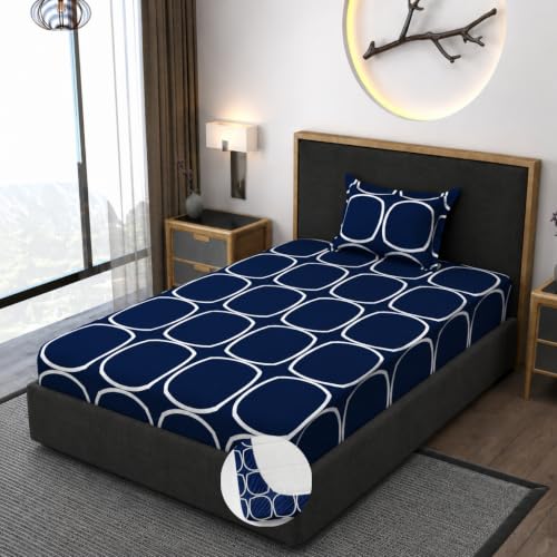 Image of Vaini Premium Heavy Cotton Elastic Fitted Bedsheets with 1 King Size Pillow Covers || Single Bed with All Around Elastic 350 TC || 36 x 78 x 6 Inch Single Size Fitted || :- Blue Round