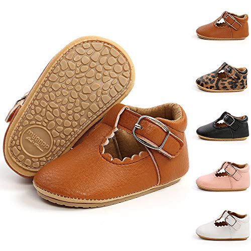 E-FAK Baby Girls Shoes Mary Jane Flats Shoes with Socks Anti-Slip Soft Rubber Sole Toddler First Walkers Princess Dress Shoes(12-18 Toddler, 02 Brown)