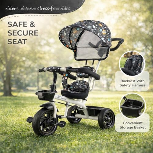 Image of Maanit Kids Tricycle with Canopy & Dual Storage Basket - Toddler Bike with Parental Handle Control, Safety Guardrail & Comfort Seat - Trike for Ages 1.5-5 Years (M692) (Grey)