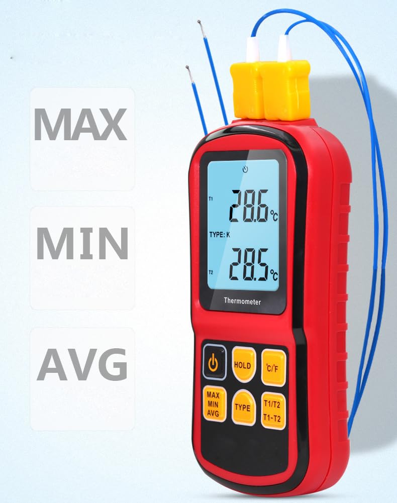 ThreeH Termometro digitale a doppio canale LCD retroilluminato con sonde termocoppia tipo K per K/J/T/E/R/S/N