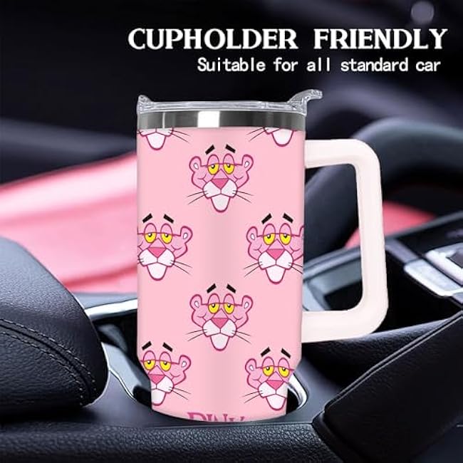 1pc 40oz Pink Panther Pattern Tumbler with Lid, Insulated Travel Mug, Gift for Women Men, Ideal for Halloween, Independence Day, Memorial Birthday Gift, Coffee Cup, weird stuff