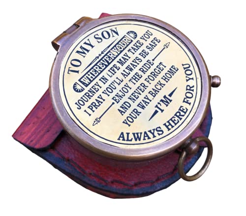 Brass Engraved Compass to My Son, Nautical Marine Pocket Compass Gifts for Son, Mom to Son Compass, Dad to Son Compass, Love Mom-Love Dad Directional Compass