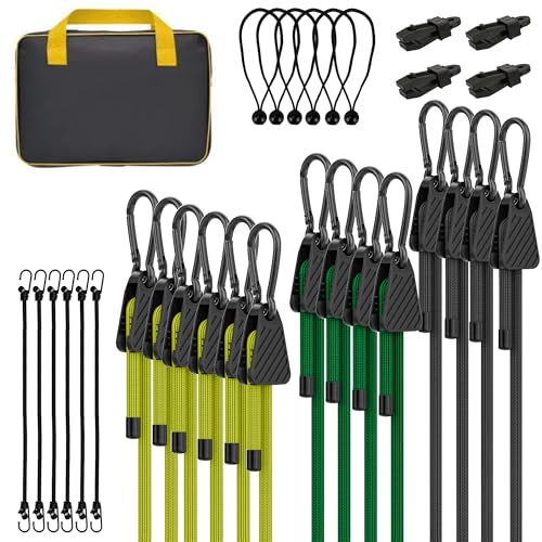 Image of Bungee Cords with Hooks, Upgrade 30pcs Assortment Heavy Duty Outdoor with 24'' 32'' 48'' Adjustable Bungee Cords, 10'' J Hooks Cord, 6 inch Canopy Tarp Ball Ties and Tarp Clips Drawstring Organizer Bag