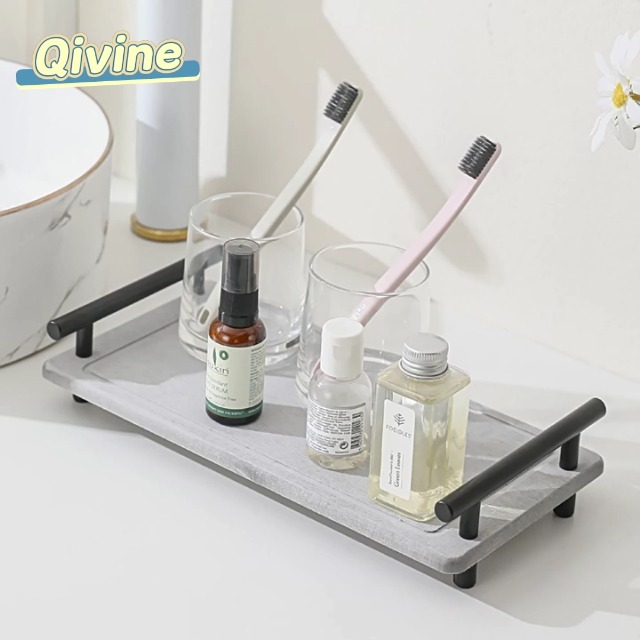 Qivine Diatomite Stone Drying Tray For Kitchen & Bathroom - Fast Water Absorbing Mat With Handle & Feet, Grey