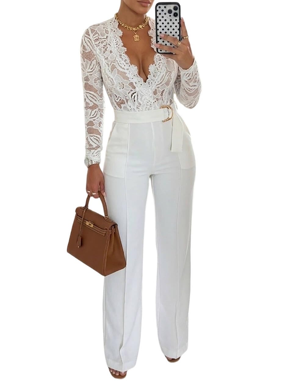 Womens Floral Lace Jumpsuit 2026 Deep V-Neck Casual Long Sleeve Ovearalls with Belt Pant Side Pockets-image-9
