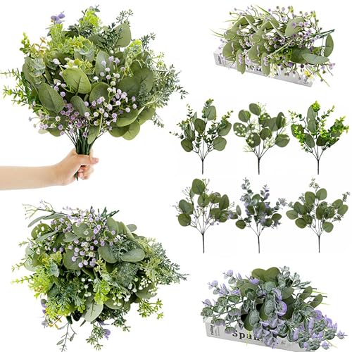 OSQI 12 Stück Eukalyptus Künstlich, 6 Verschiedene Arten Künstlicher Eukalyptus-Pflanzen, Kunst Blumen für Hochzeits Home Party Dekoration Tischdeko Blumenarrangements (12)