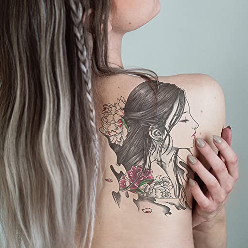 Oottati 6 Sheets Arm Waterproof Temporary Tattoo Stickers, Black Japanese Ancient Beauty Lady Women Koi Geisha Prajna Lotus, Suit For Leg Back Thigh #TOP2