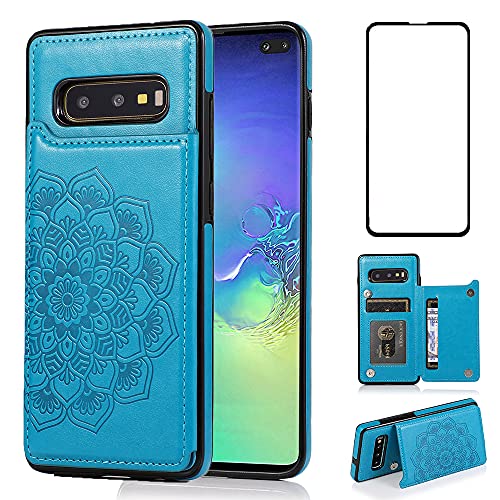 NKECXKJ Design for Samsung Galaxy S10E Case with Tempered Glass Screen Protector Credit Card Holder Slot, PU Leather Wallet Phone Cases Stand Kickstand Protective Cover for Glaxay S 10E Women Blue