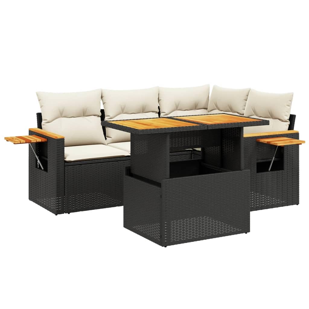 vidaXL Gartenmöbel-Set, 5-teilig, mit Kissen aus Polyrattan, Schwarz