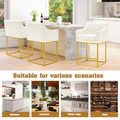 Image of WorthFurni 26 inch Counter Height Bar Stools Set of 2, Modern Counter Stools with Back, Linen Upholstered Barrel Barstools with Gold Metal Frames for Kitchen Island, Home Bar