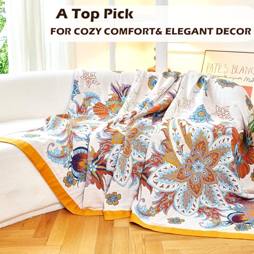 Boho Throw Blanket, 100% Organic Cotton Breathable Skin-Friendly Ultra Soft Bed Quilt Throw - All Season Floral Bird Farmhouse Décor Luxury Blanket for Sofa Couch Chair and Gift. 80" x 90"