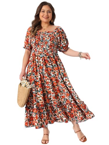 Image of Agnes Orinda Plus Size Dress for Women Short Sleeve Shirred Square Neck Floral Maxi Long Dresses