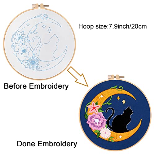 Image of Louise Maelys Cat Moon Embroidery Kit for Beginners Floral DIY Craft Set | Cross Stitch Kits with Cat Moon Floral Design, Includes Hoop, Threads, Needles and Guide. Needlepoint Kit for Adults DIY
