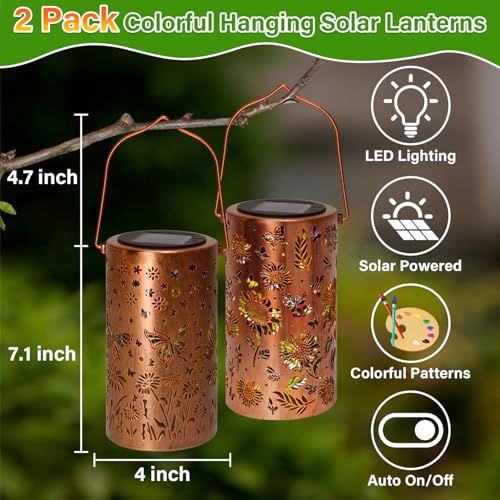 2Pack Colorful Solar Lanterns Outdoor Waterproof, Garden Decor Gifts for Women Mom Grandma - LED Sunflower and Butterfly Solar Powered Lights Metal Hanging Lantern for Outside Garden Patio Yard Porch by PASUTO - Used condition - Image 6